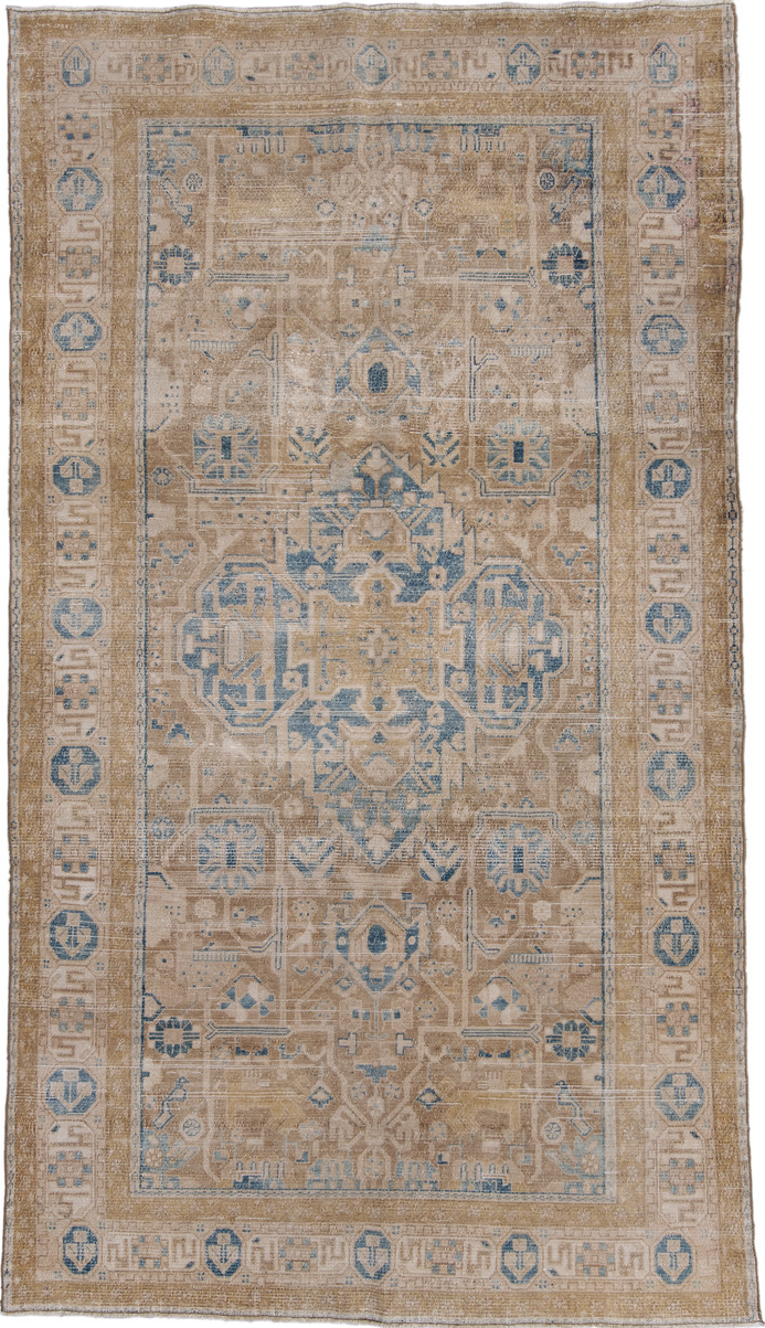 5' x 9' one-of-a-kind handmade vintage Malayer medium size rug. Color palette: blue, brown, dark gray, dim gray, gray