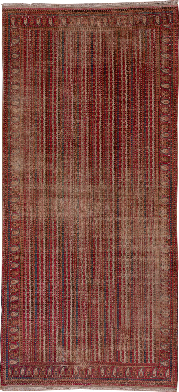 6' x 12' one-of-a-kind handmade vintage Ghordes large size rug. Color palette: black, blue, brown, charcoal, gray, pink, red
