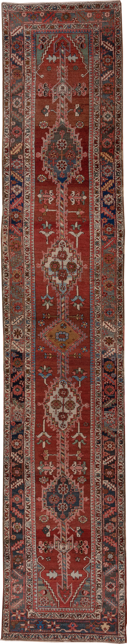 3' x 15' one-of-a-kind handmade vintage Serapi runner rug. Color palette: brown, dim gray, gray, off-white, pink, red, snow