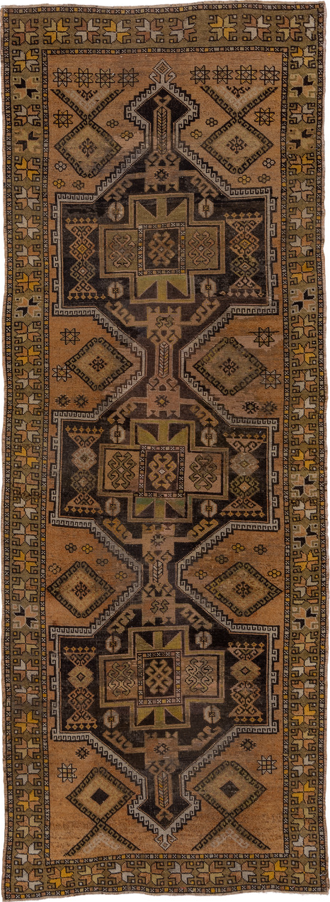 3' x 9' one-of-a-kind handmade vintage Oushak runner rug. Color palette: black, brown, gray