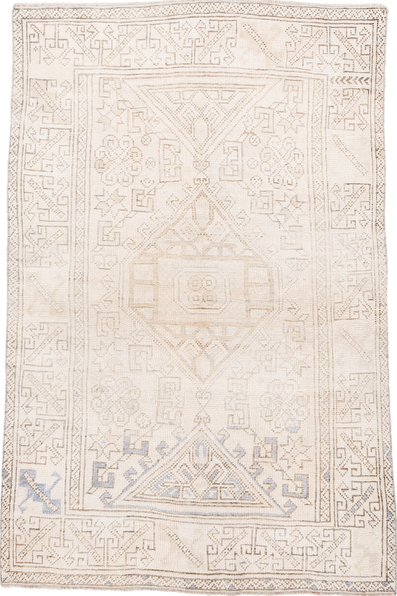 3' x 6' one-of-a-kind handmade vintage Anatol small size rug. Color palette: gray, light gray, off-white, pink, linen