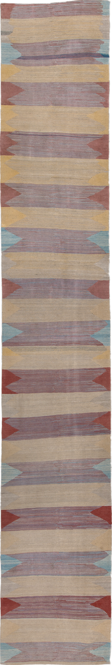 3' x 18' one-of-a-kind handmade vintage Kilim runner rug. Color palette: gray, pink, brown, red, blue, light gray, off-white