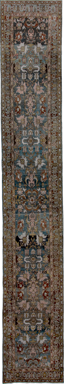 2' x 13' one-of-a-kind handmade vintage Malayer runner rug. Color palette: brown, gray, black, pink, blue, charcoal