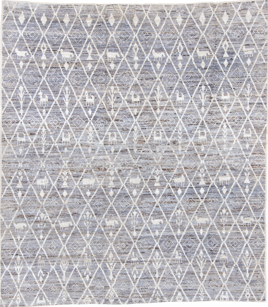 8' x 9' one-of-a-kind handmade vintage Tulu rug. Color palette: blue, dark gray, gainsboro, gray, light blue, light gray