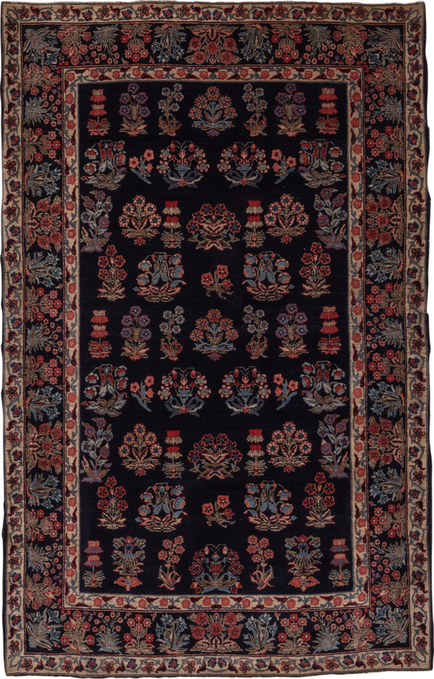 4' x 6' one-of-a-kind handmade vintage Far.Sarouk small size rug. Color palette: black, blue, brown, dim gray, gray, pink