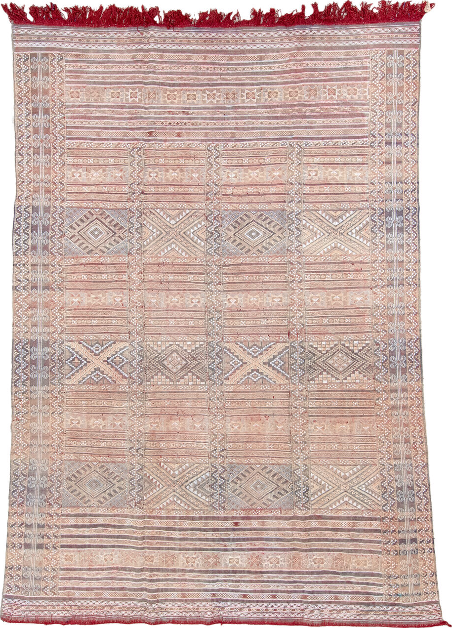 7' x 11' one-of-a-kind handmade vintage Kilim large size rug. Color palette: antiquewhite, brown, dim gray, gray, light gray