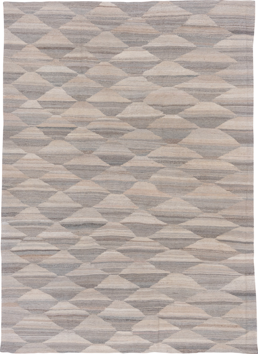 8' x 11' one-of-a-kind handmade vintage Kilim large size rug. Color palette: dark gray, gray, light gray, off-white, pink