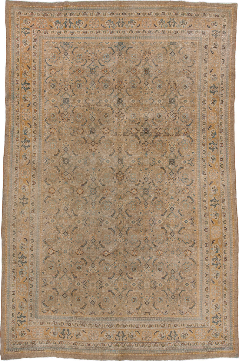 8' x 12' one-of-a-kind handmade vintage Mahal large size rug. Color palette: brown, burlywood, gray, light gray, off-white