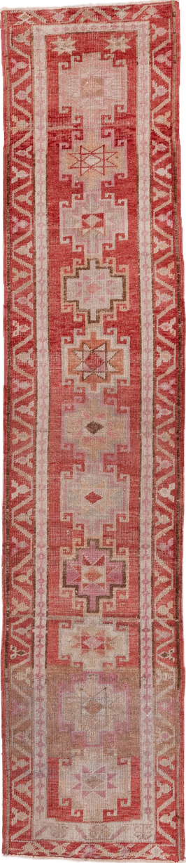 2' x 12' one-of-a-kind handmade vintage Oushak runner rug. Color palette: brown, gray, pink, red, rosy brown