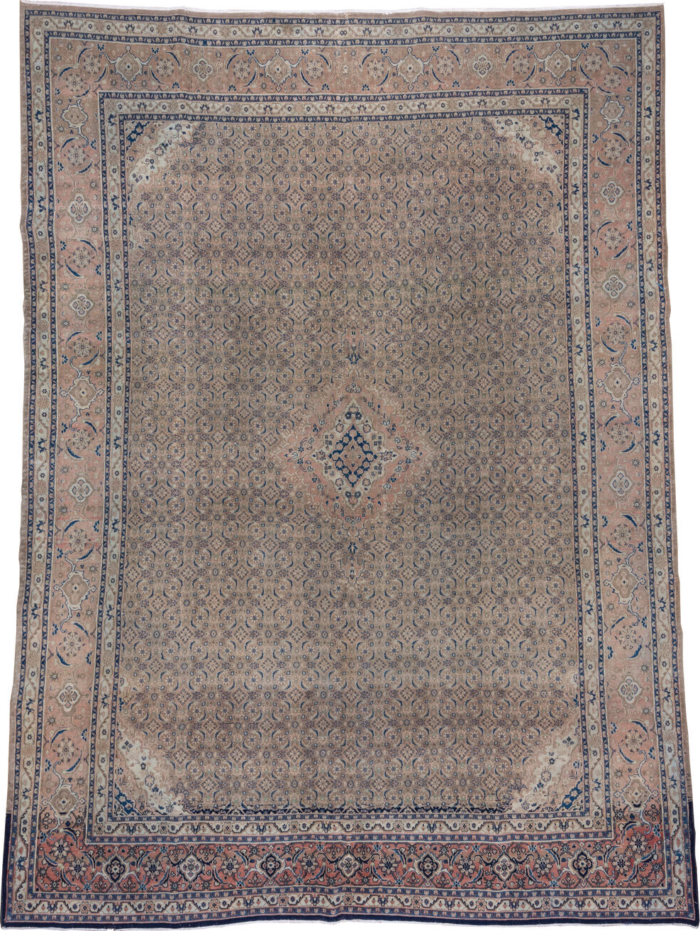 9' x 13' one-of-a-kind handmade vintage Tabriz large size rug. Color palette: blue, fiord, gray, light blue, light gray