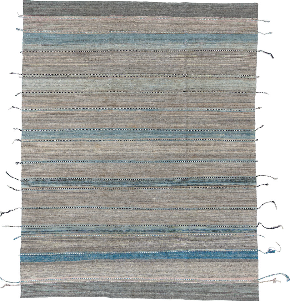 9' x 11' one-of-a-kind handmade vintage Kilim large size rug. Color palette: black, blue, charcoal, dark gray, dim gray