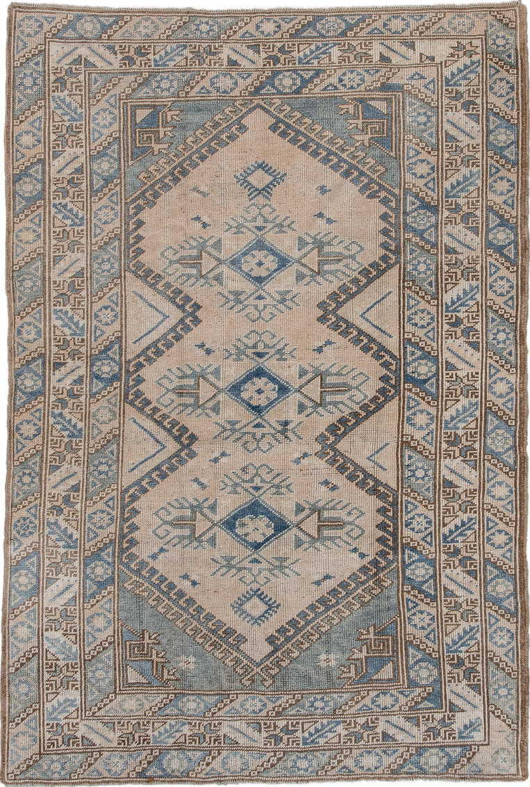 3' x 5' one-of-a-kind handmade vintage Oushak small size rug. Color palette: black, blue, brown, charcoal, dark gray