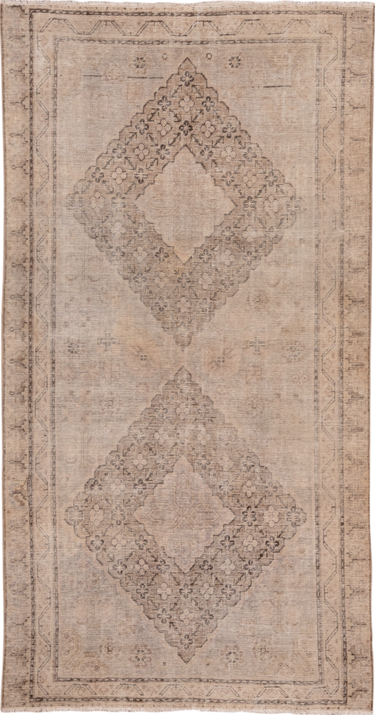 4' x 7' one-of-a-kind handmade vintage Khotan rug. Color palette: brown, gray, light gray, off-white, orange, pink, snow