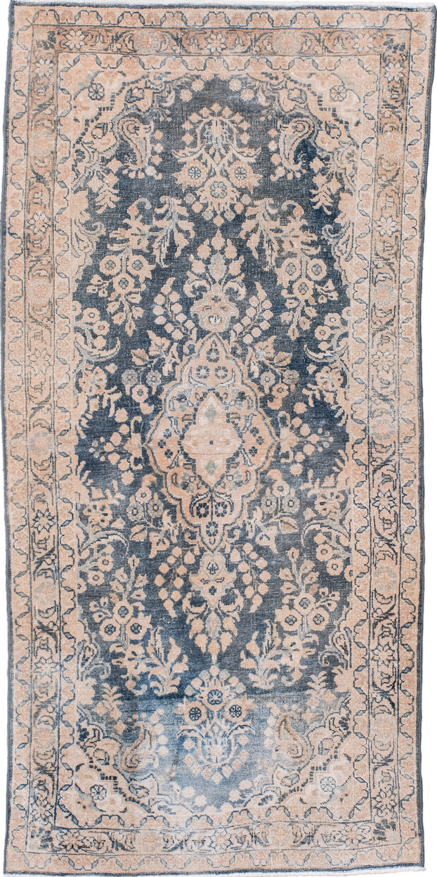2' x 5' one-of-a-kind handmade vintage Sarouk small size rug. Color palette: blue, brown, dark gray, dim gray, gray