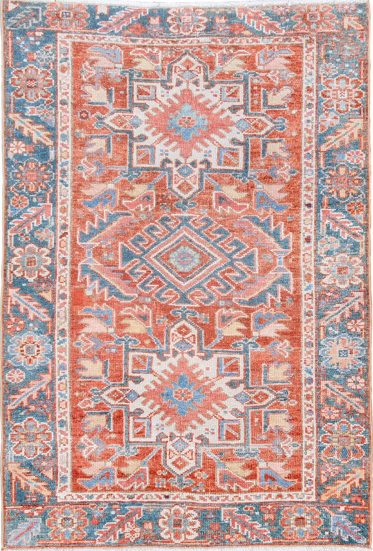 2' x 4' one-of-a-kind handmade vintage Karaje small size rug. Color palette: blue, brown, dark gray, dark salmon