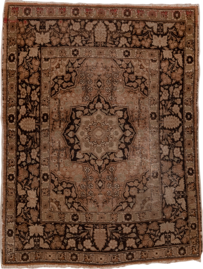 4' x 5' one-of-a-kind handmade vintage Tabriz small size rug. Color palette: black, brown, gray, light gray, pink