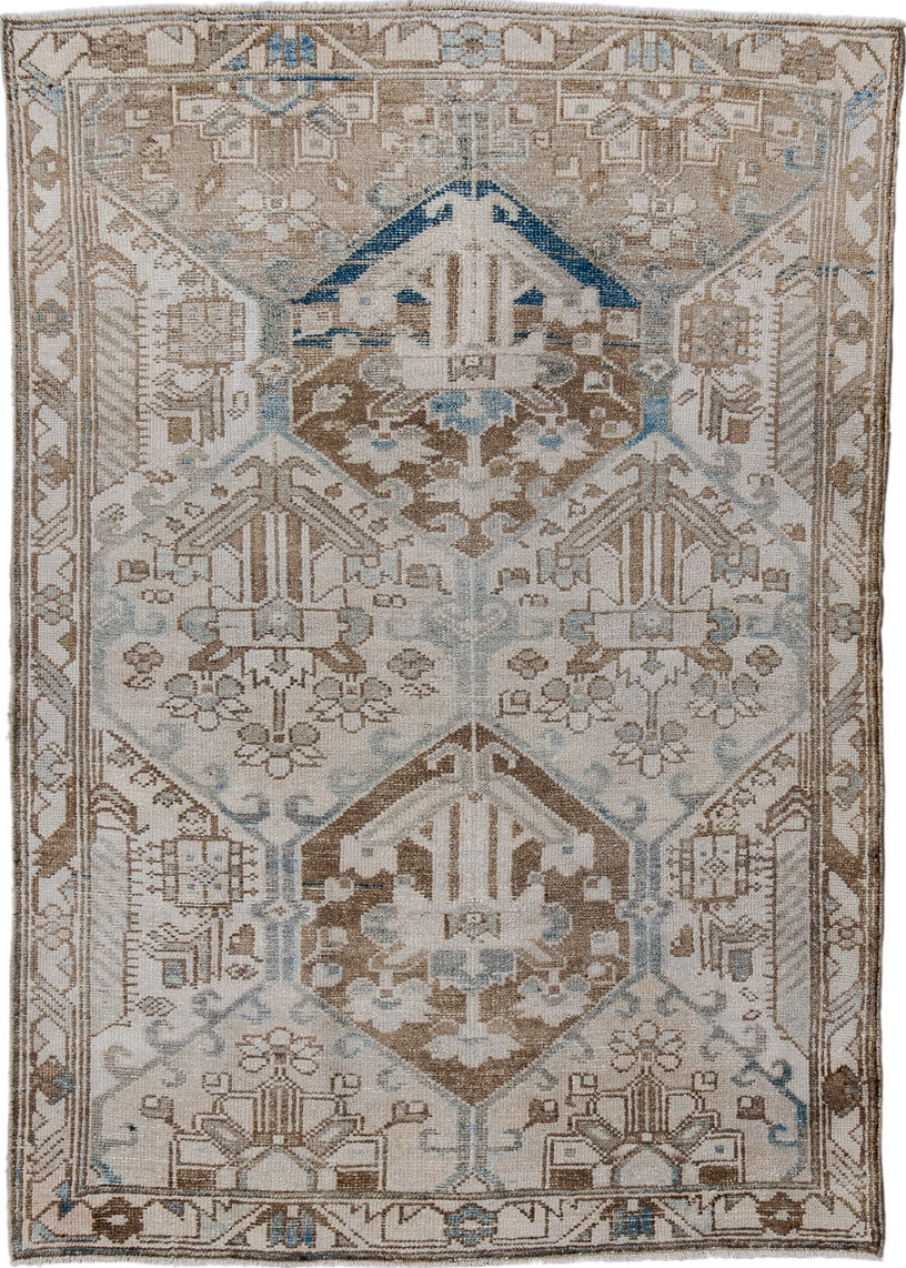 3' x 4' one-of-a-kind handmade vintage Baktiary small size rug. Color palette: blue, brown, gray, light gray