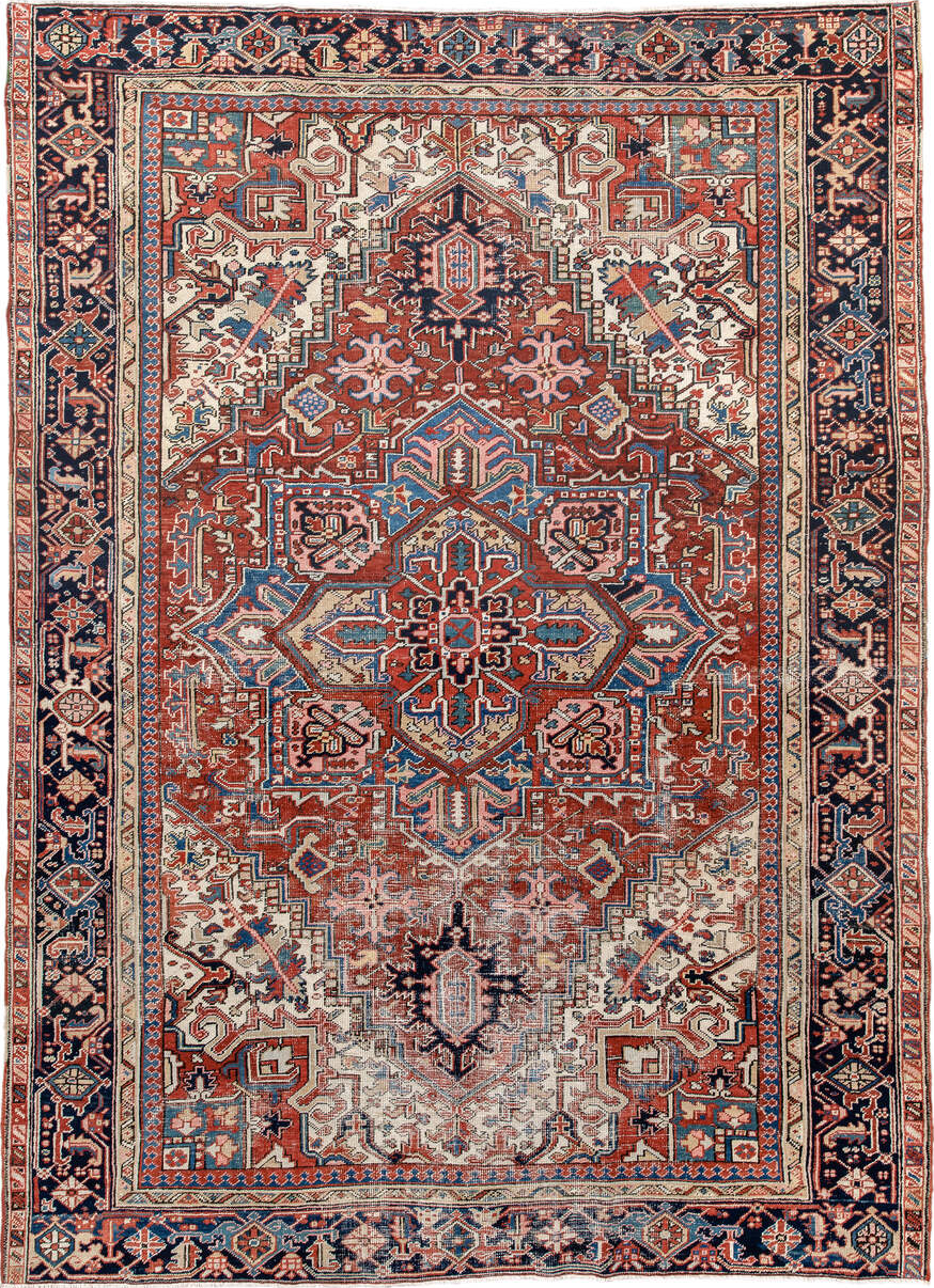 7' x 10' one-of-a-kind handmade vintage Heriz large size rug. Color palette: black, blue, brown, fiord, gray, light gray