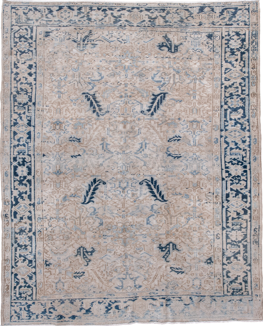 7' x 8' one-of-a-kind handmade vintage Heriz rug. Color palette: blue, dark gray, fiord, gainsboro, gray, light gray