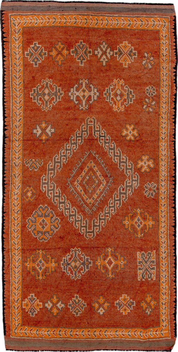 6' x 11' one-of-a-kind handmade vintage Moroccan large size rug. Color palette: brown, pink, off-white, red, black