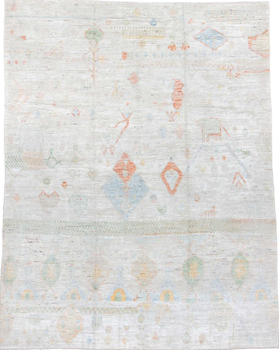 10' x 13' one-of-a-kind handmade vintage Tulu large size rug. Color palette: dark gray, gainsboro, gray, light gray