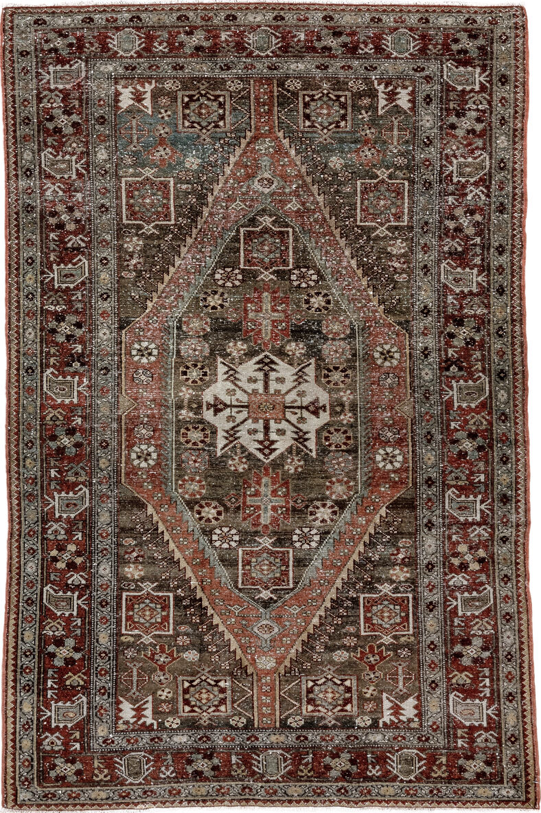 4' x 6' one-of-a-kind handmade vintage Malayer small size rug. Color palette: black, brown, gray, light gray, off-white