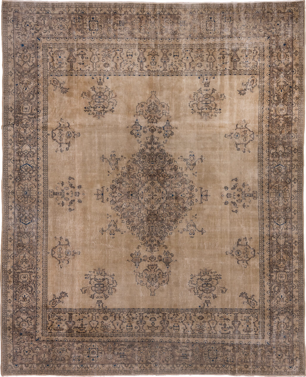 10' x 13' one-of-a-kind handmade vintage Sparta large size rug. Color palette: brown, gray, pink