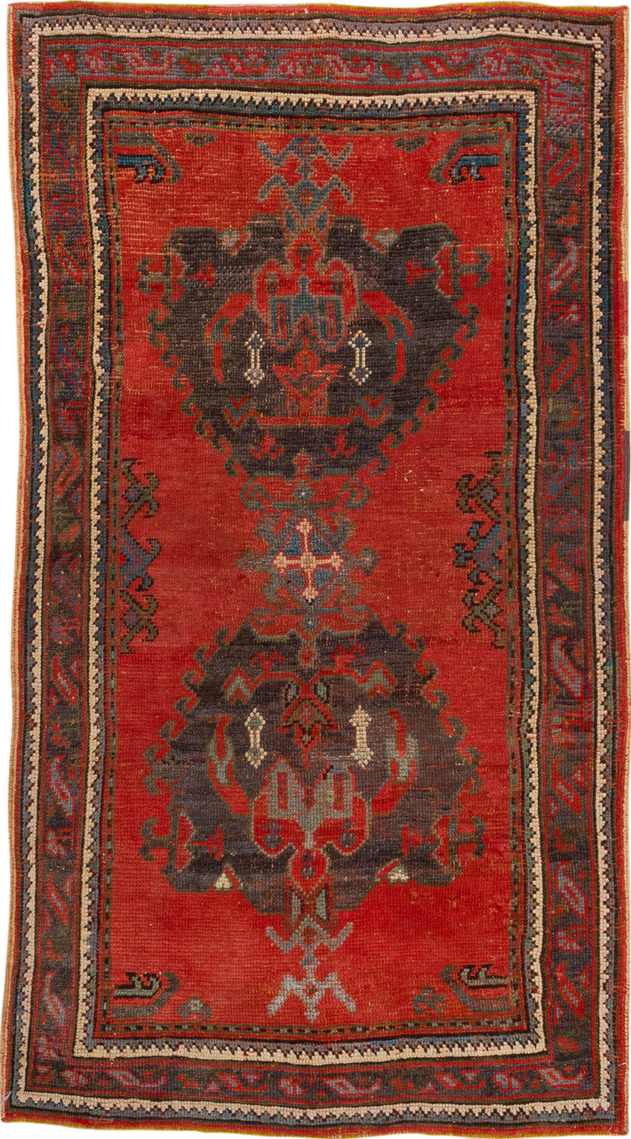 4' x 7' one-of-a-kind handmade vintage Oushak rug. Color palette: brown, fire brick, gray, pink, red, tan