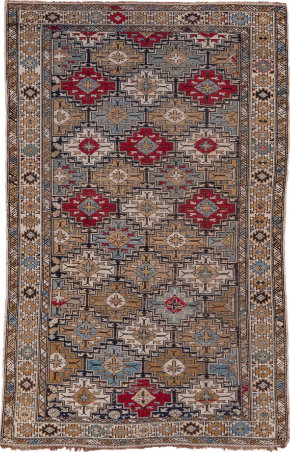 3' x 6' one-of-a-kind handmade vintage Shirvan small size rug. Color palette: black, brown, charcoal, dim gray, gray