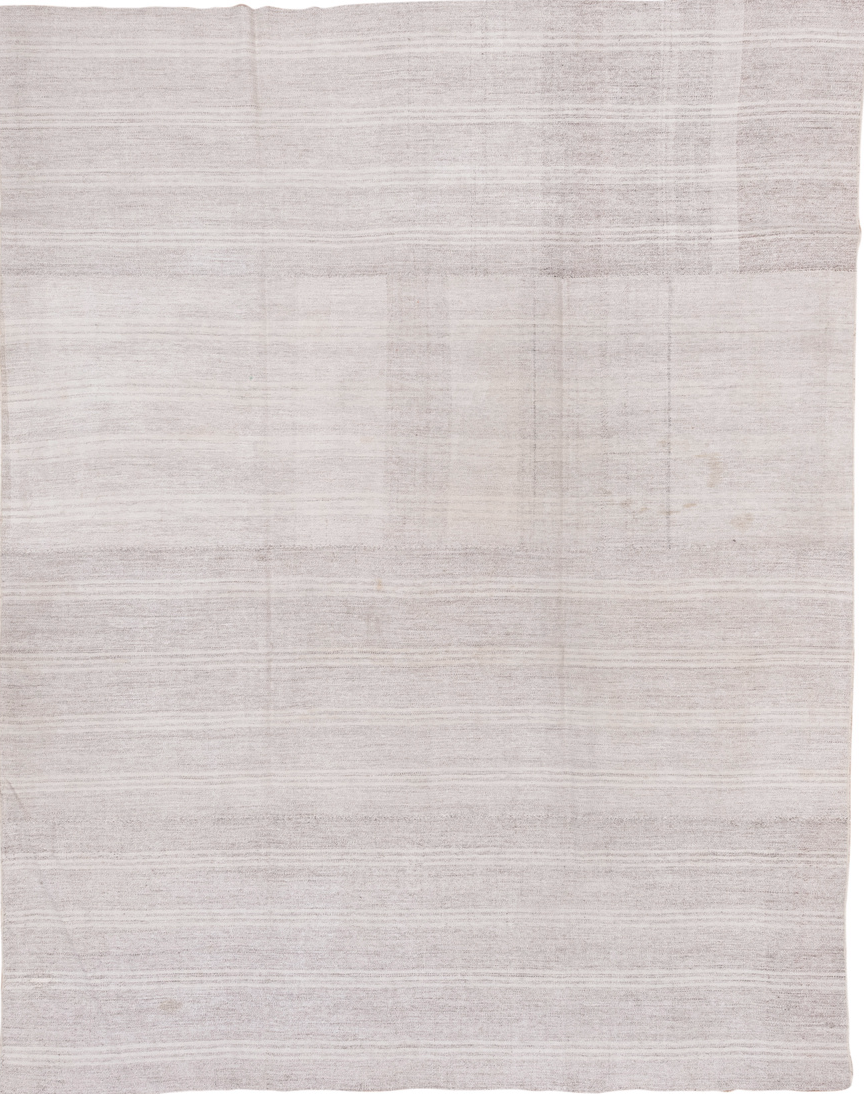 7' x 9' one-of-a-kind handmade vintage Flatweave rug. Color palette: dark gray, gainsboro, gray, light gray, off-white, pink