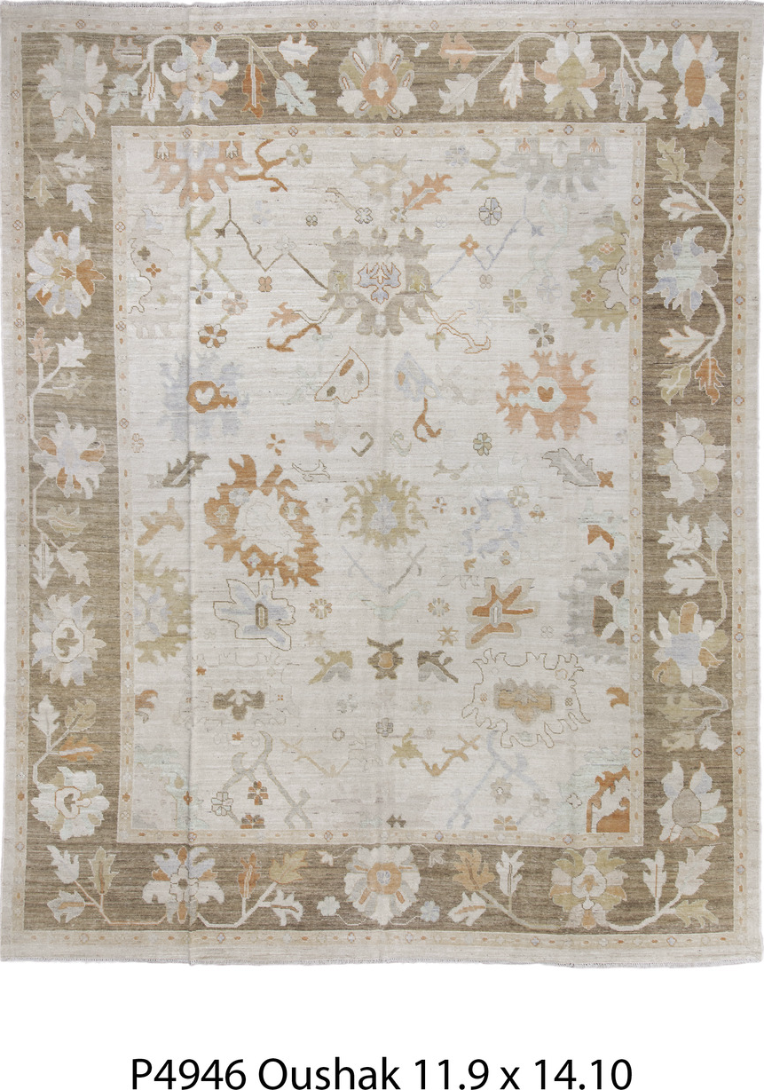 11' x 14' one-of-a-kind handmade vintage Oushak oversize rug. Color palette: brown, dark gray, gainsboro, gray, light gray