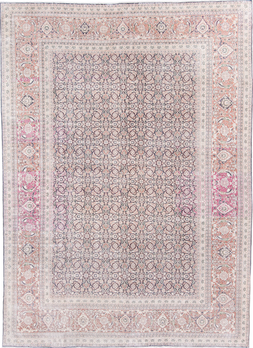 8' x 11' one-of-a-kind handmade vintage Tabriz large size rug. Color palette: dark gray, gray, light gray, linen, misty rose