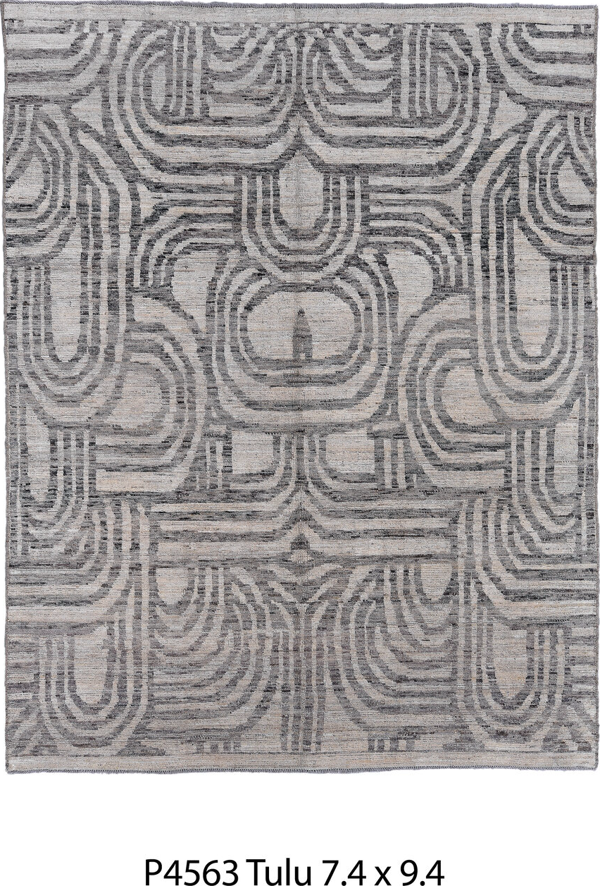 7' x 9' one-of-a-kind handmade vintage Tulu rug. Color palette: black, blue, charcoal, dark gray, dim gray, gainsboro, gray