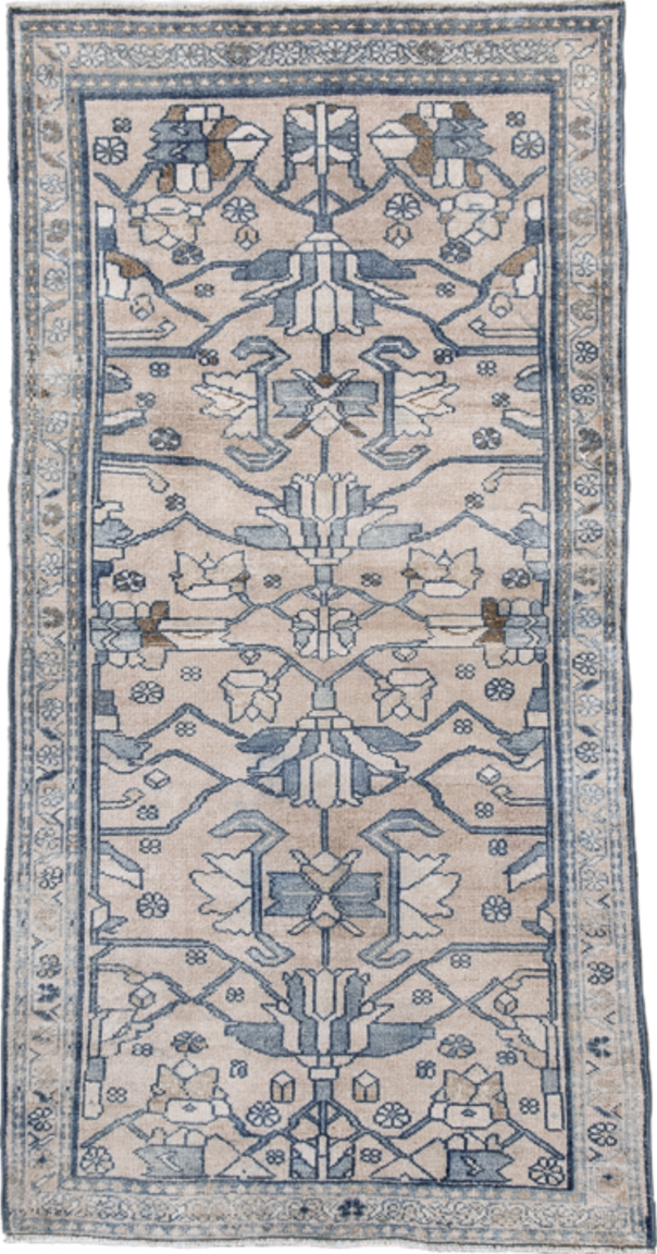 2' x 5' one-of-a-kind handmade vintage Lilian small size rug. Color palette: gray, light gray, off-white, blue, pink