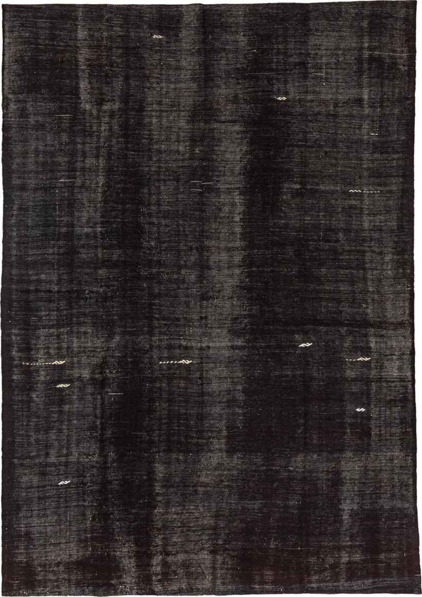 7' x 10' one-of-a-kind handmade vintage Kilim large size rug. Color palette: black, charcoal, dim gray, gray, light gray
