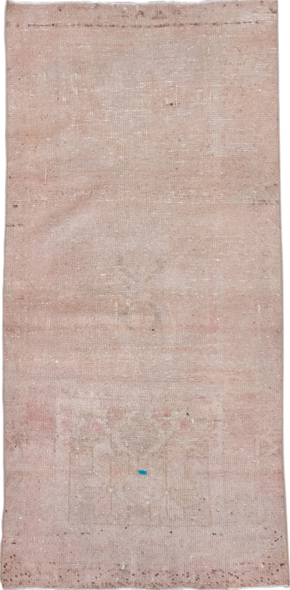 2' x 5' one-of-a-kind handmade vintage Oushak small size rug. Color palette: brown, gray, light gray, off-white, pink, snow