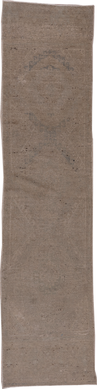 2' x 11' one-of-a-kind handmade vintage Oushak runner rug. Color palette: gray, light gray, off-white, pink, snow, white