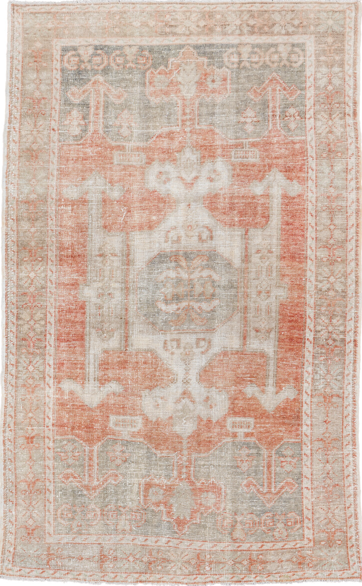 4' x 7' one-of-a-kind handmade vintage Oushak rug. Color palette: brown, gainsboro, gray, light gray, off-white, orange