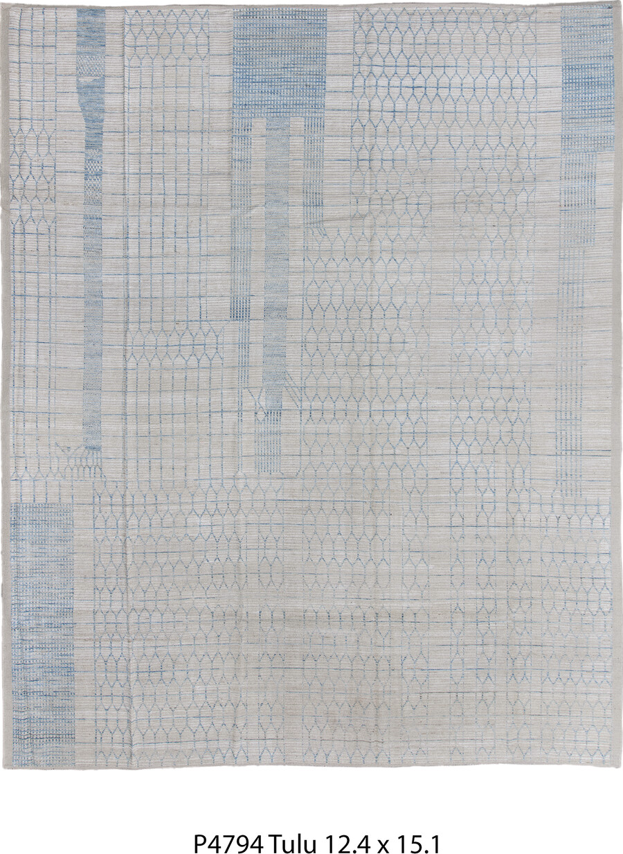 12' x 15' one-of-a-kind handmade vintage Tulu oversize rug. Color palette: black, blue, charcoal, dark gray, gainsboro, gray