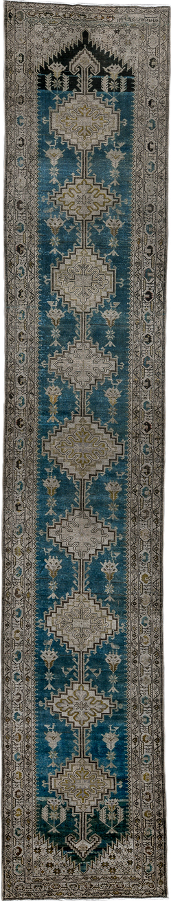 3' x 17' one-of-a-kind handmade vintage Malayer runner rug. Color palette: gray, black, blue, light gray, off-white, arapawa