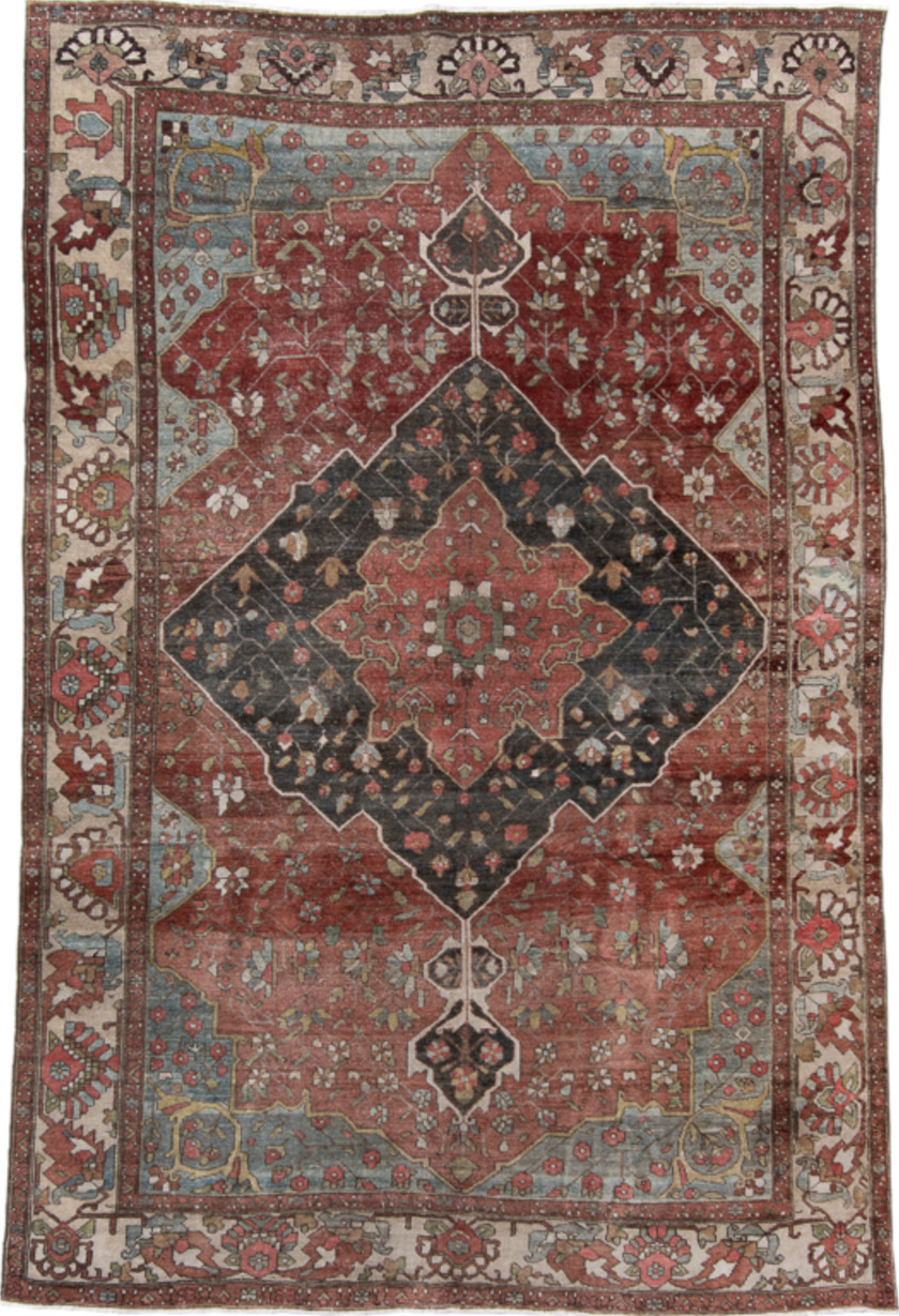 6' x 9' one-of-a-kind handmade vintage Far.Sarouk medium size rug. Color palette: gray, red, brown, black, pink, light gray