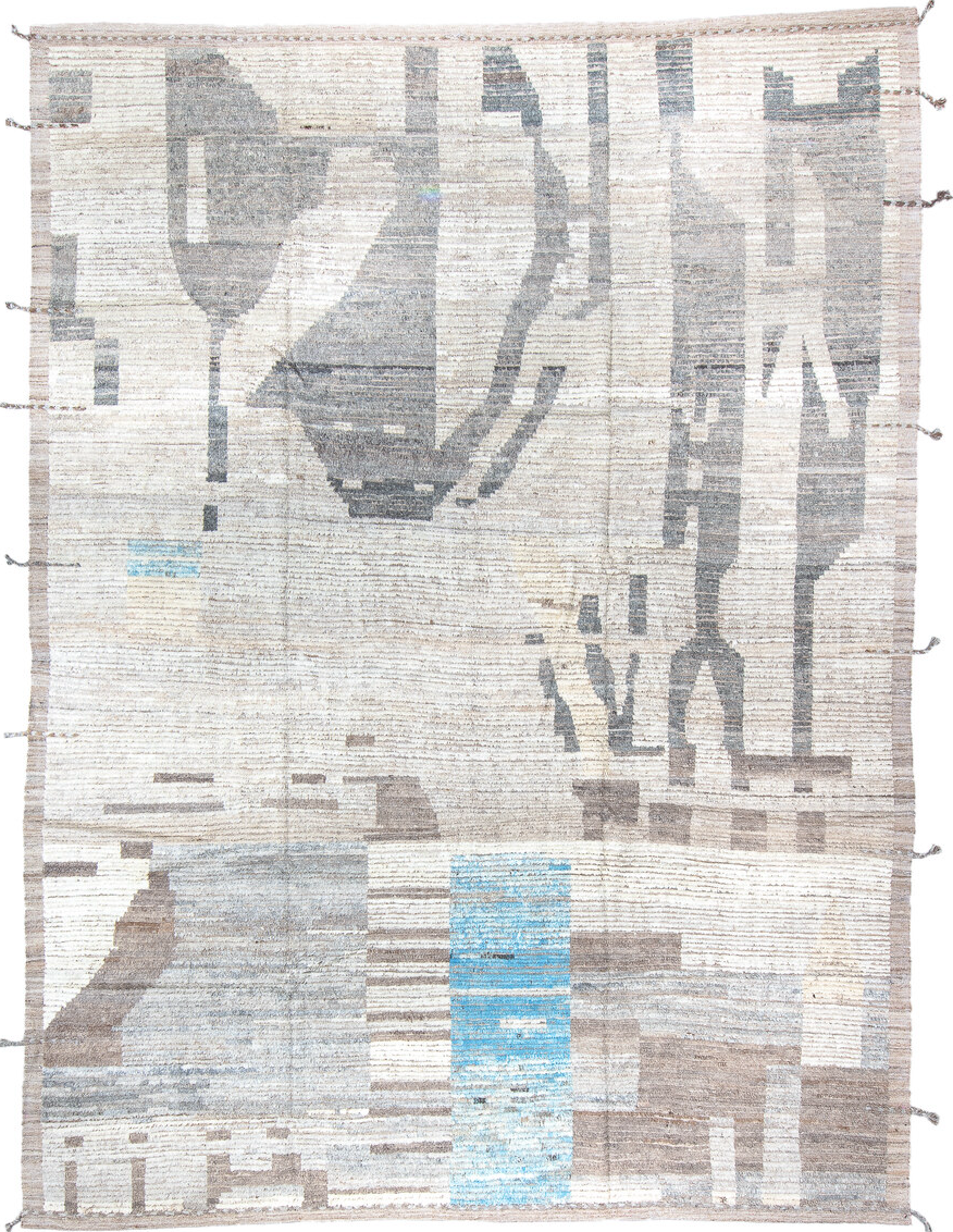 9' x 12' one-of-a-kind handmade vintage Tulu large size rug. Color palette: black, blue, charcoal, dark gray, dim gray
