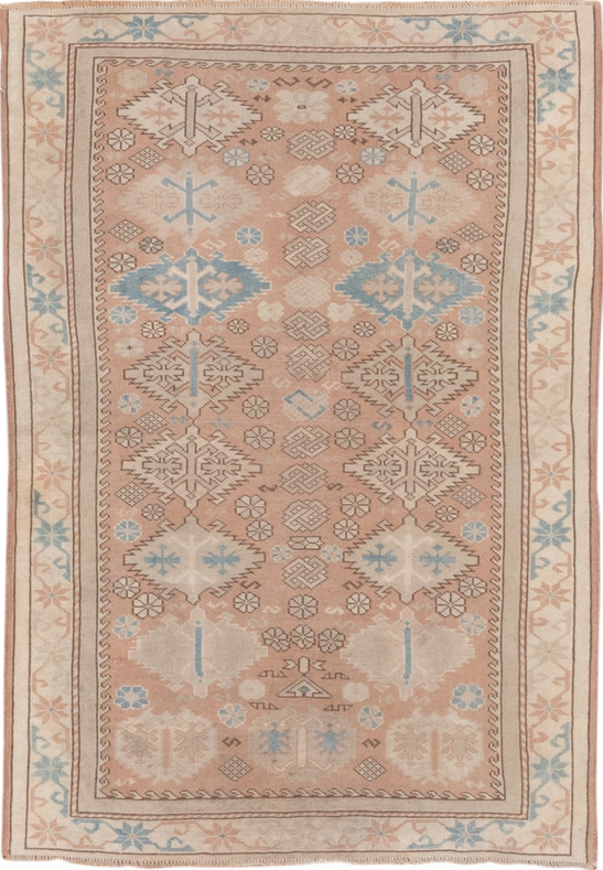 3' x 4' one-of-a-kind handmade vintage Oushak small size rug. Color palette: brown, gray, light gray, off-white, pink, snow