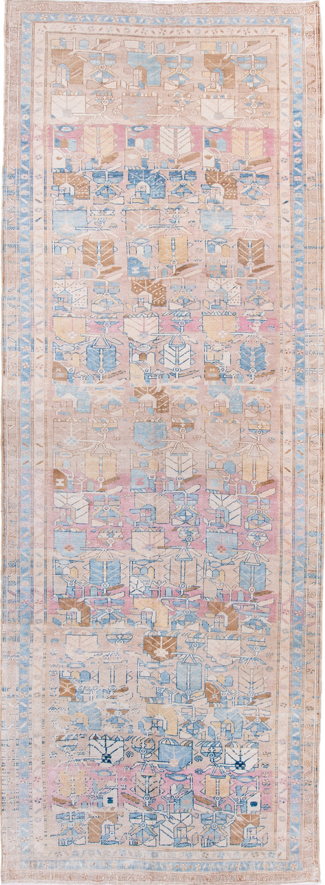 6' x 13' one-of-a-kind handmade vintage Sarab large size rug. Color palette: blue, brown, gainsboro, gray, light blue