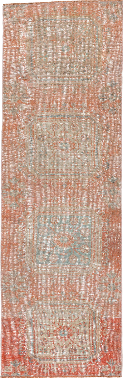 2' x 7' one-of-a-kind handmade vintage Oushak runner rug. Color palette: brown, gray, light gray, off-white, orange, pink