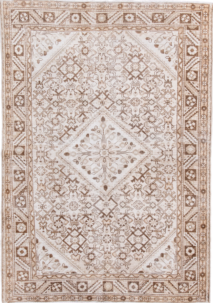 5' x 7' one-of-a-kind handmade vintage Hamadan rug. Color palette: brown, dim gray, gainsboro, gray, light gray, linen