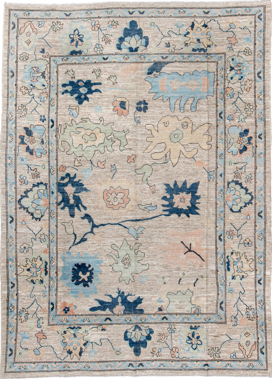 10' x 13' one-of-a-kind handmade vintage Oushak large size rug. Color palette: arapawa, blue, brown, dim gray, gainsboro