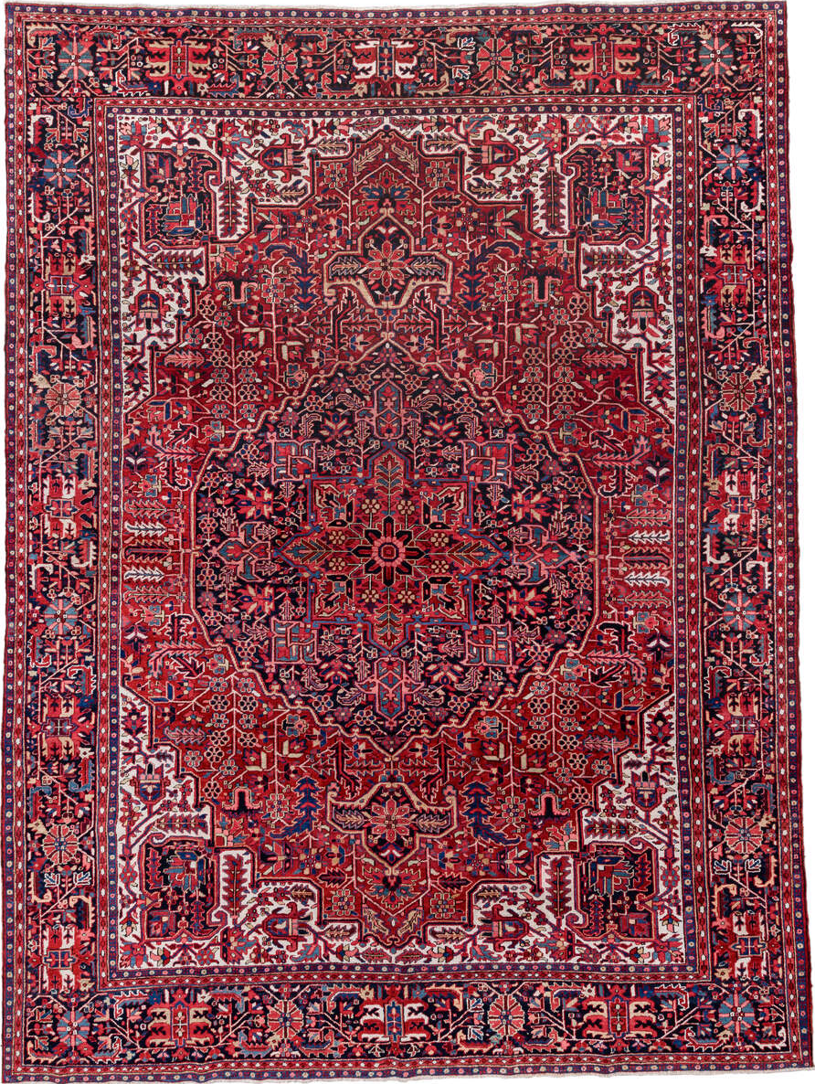 9' x 13' one-of-a-kind handmade vintage Heriz large size rug. Color palette: black, blue, brown, gray, light gray, off-white