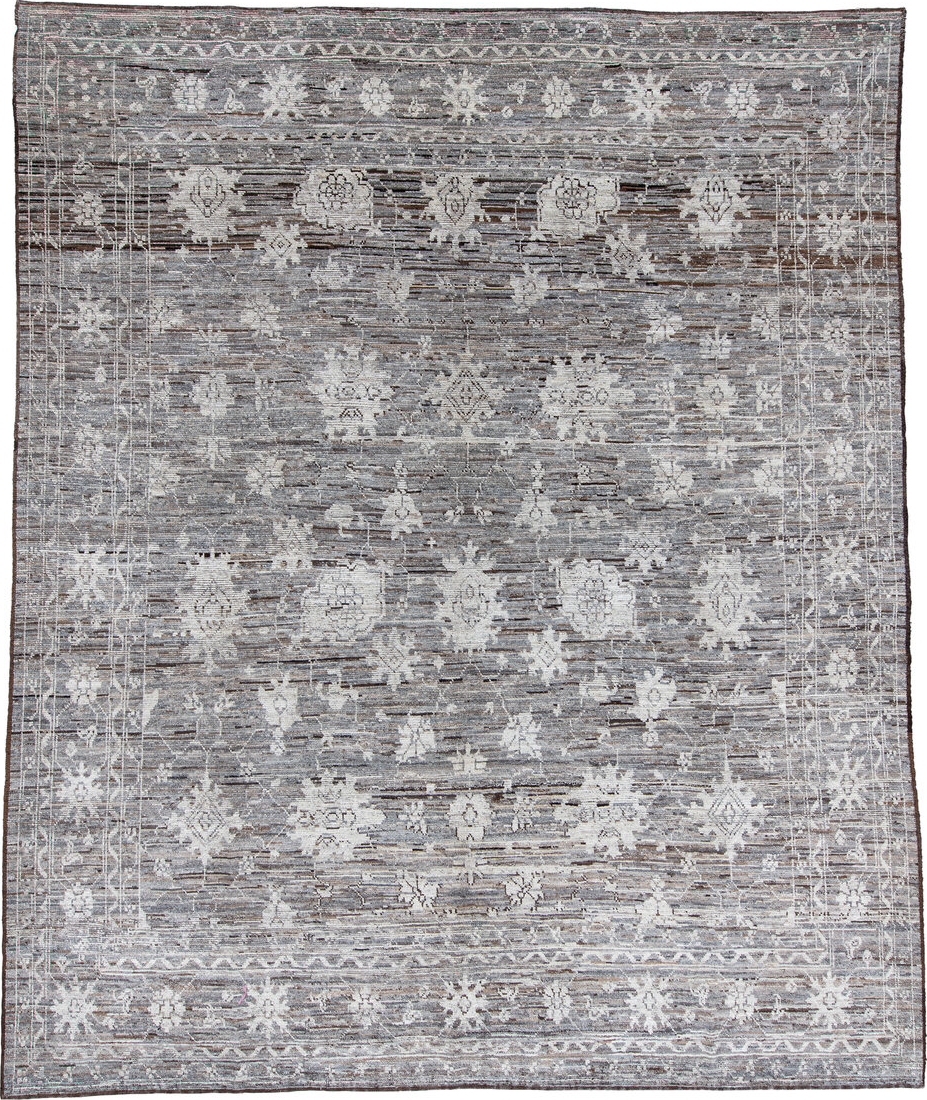 10' x 13' one-of-a-kind handmade vintage Tulu large size rug. Color palette: black, blue, dim gray, gainsboro, gray