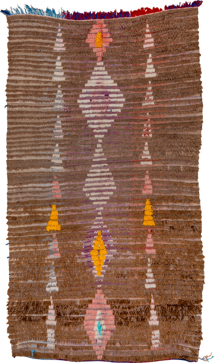 3' x 7' one-of-a-kind handmade vintage Moroccan rug. Color palette: blue, brown, gray, light gray, off-white, orange, pink